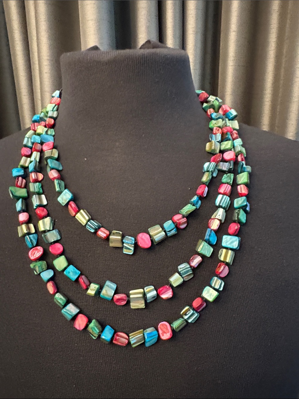 Three-Strand Multi-Bead Necklace in Teal, Red, and Green